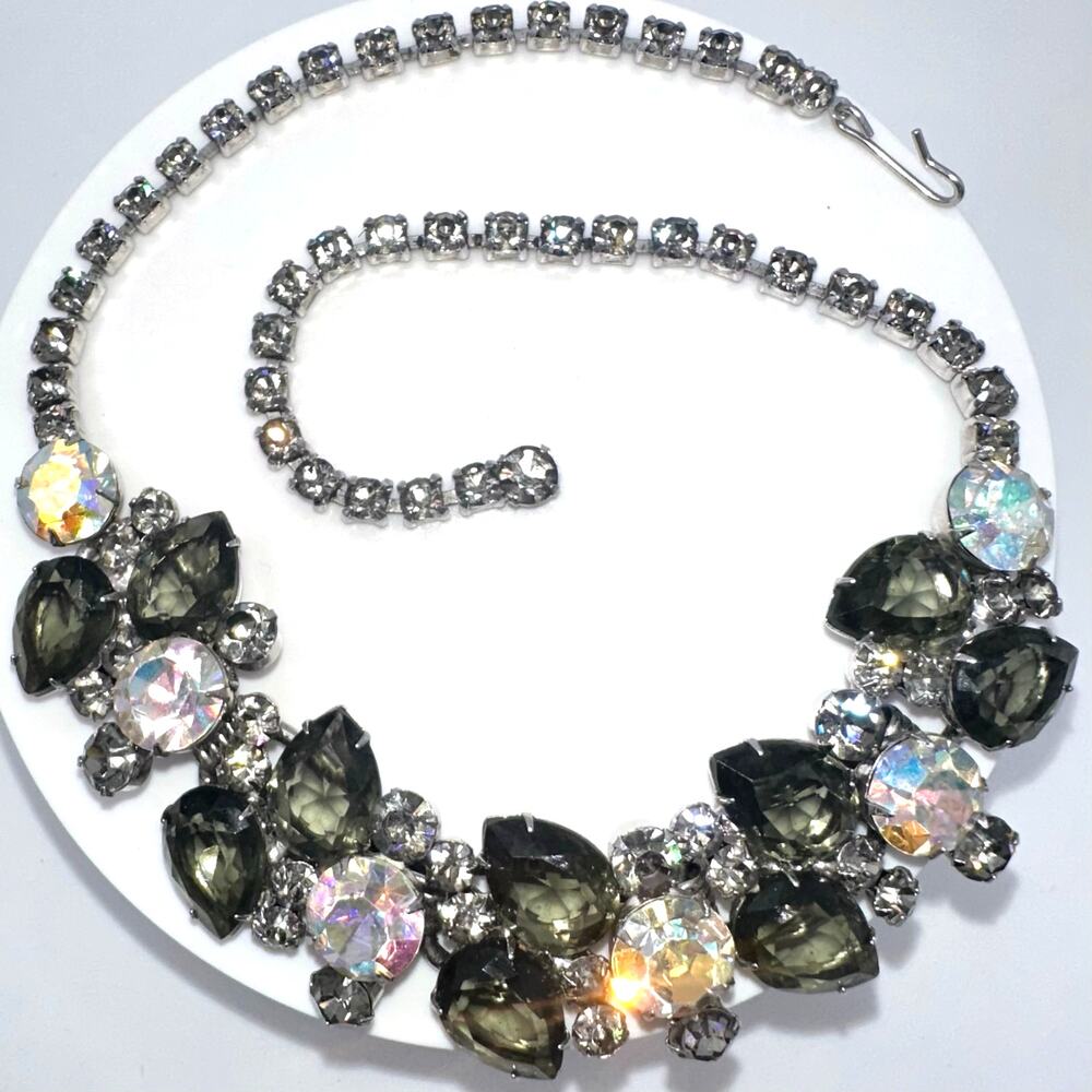 Juliana 1960s vintage book piece silver tone AB gray glass rhinestones necklace